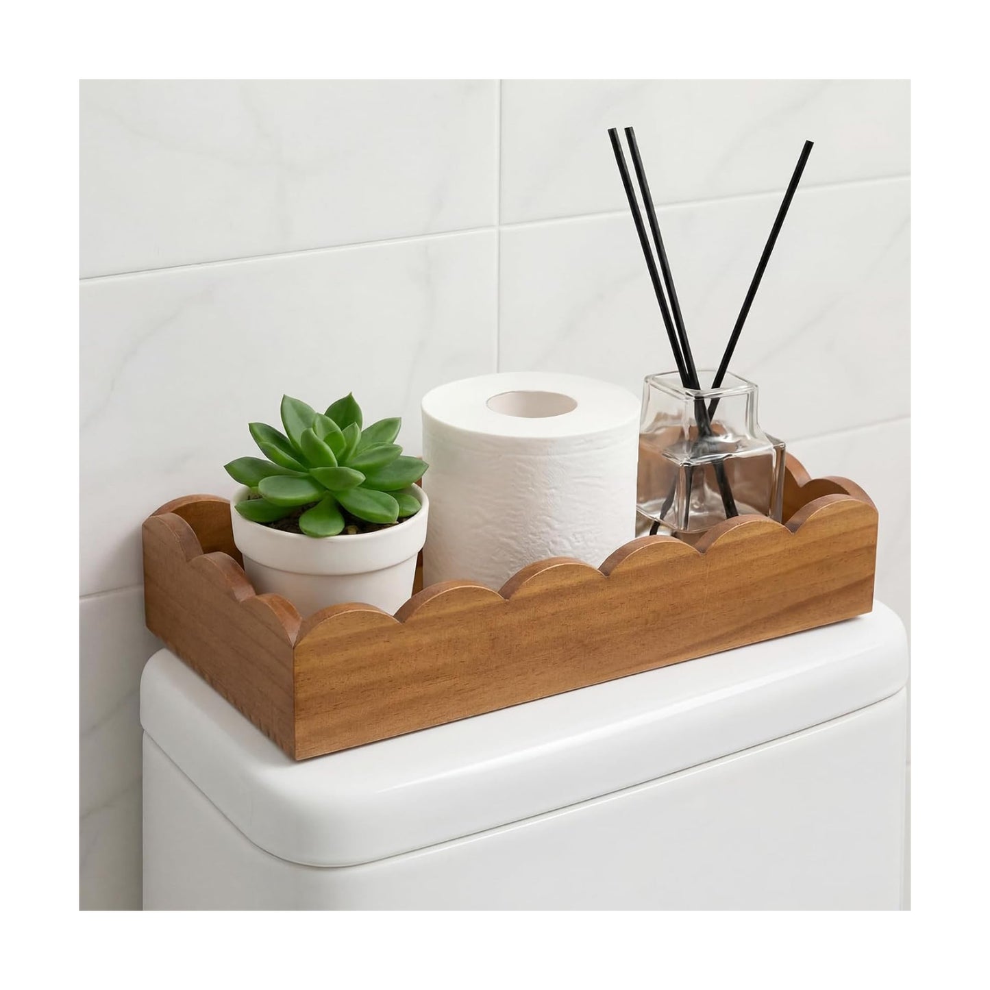 Toilet Paper Basket Storage Scalloped Wooden Toilet Tank Tray Topper Farmhouse / Walnut Wood