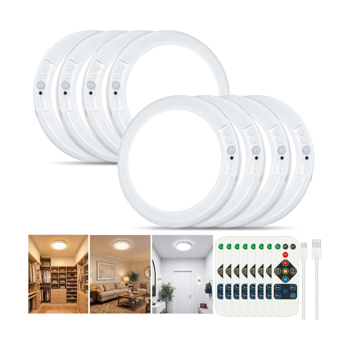 Rechargeable Ceiling Light 8 Pack, Magnetic Motion Sensor with Remote | Wireless Dimmable Battery Operated LED Ceiling
