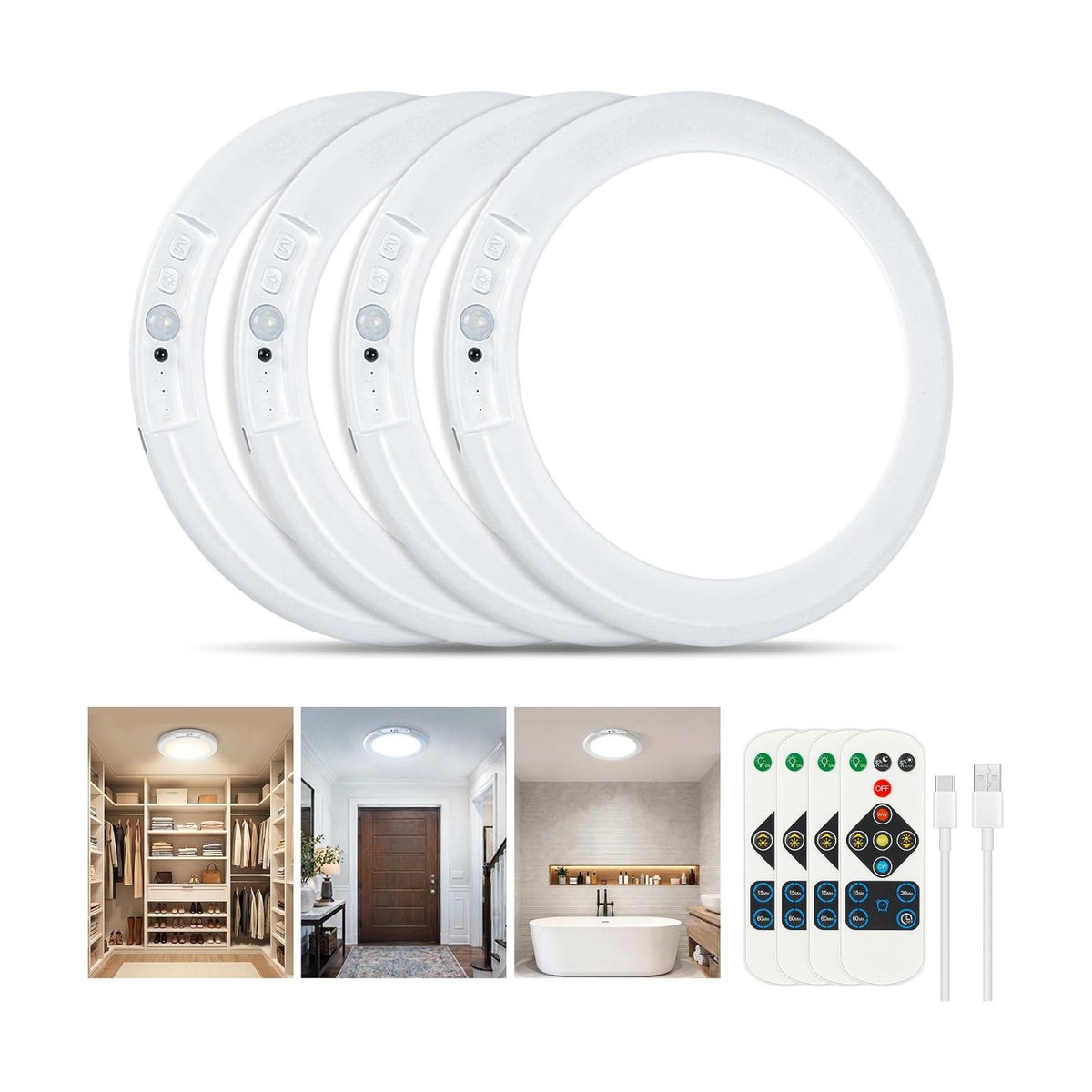 Rechargeable Ceiling Light 4 Pack, Magnetic Motion Sensor with Remote | Wireless Dimmable Battery Operated LED Ceiling