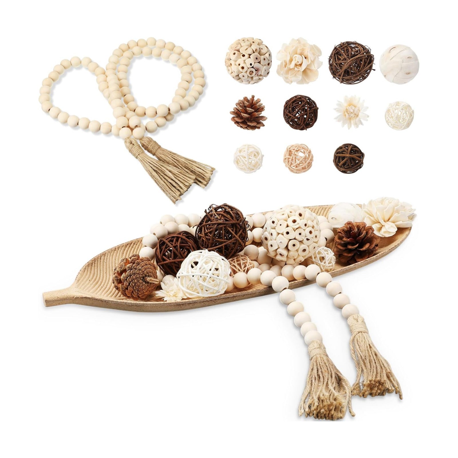 Wicker Rattan Balls Beads String / Rustic / 16 Inch / Set of 14