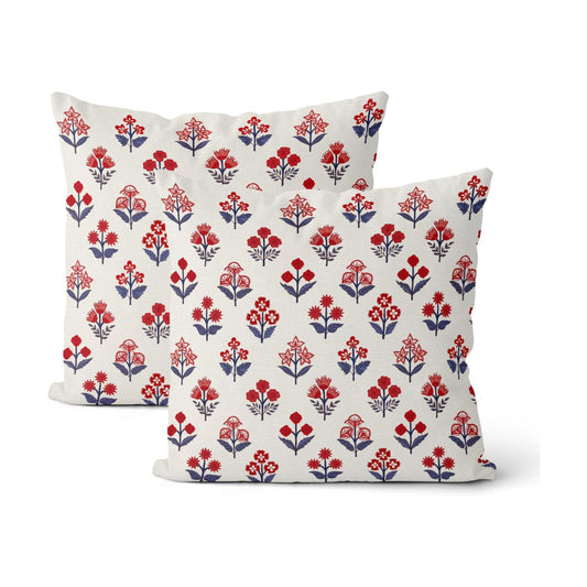 4th of July Pillow Covers Red Blue / 18 x 18 / 4th of July Red Blue Block Print Floral / Set of 2