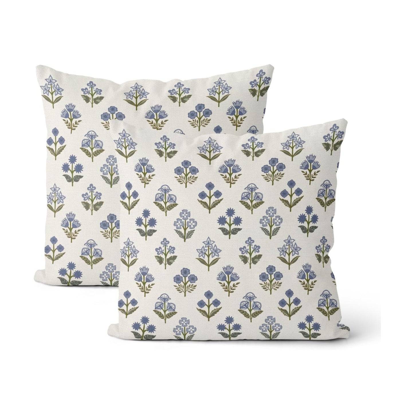 Blue Green Pillow Covers Block Print Vintage / 18 x 18 / Blue Green Block Print Floral / Set of 2