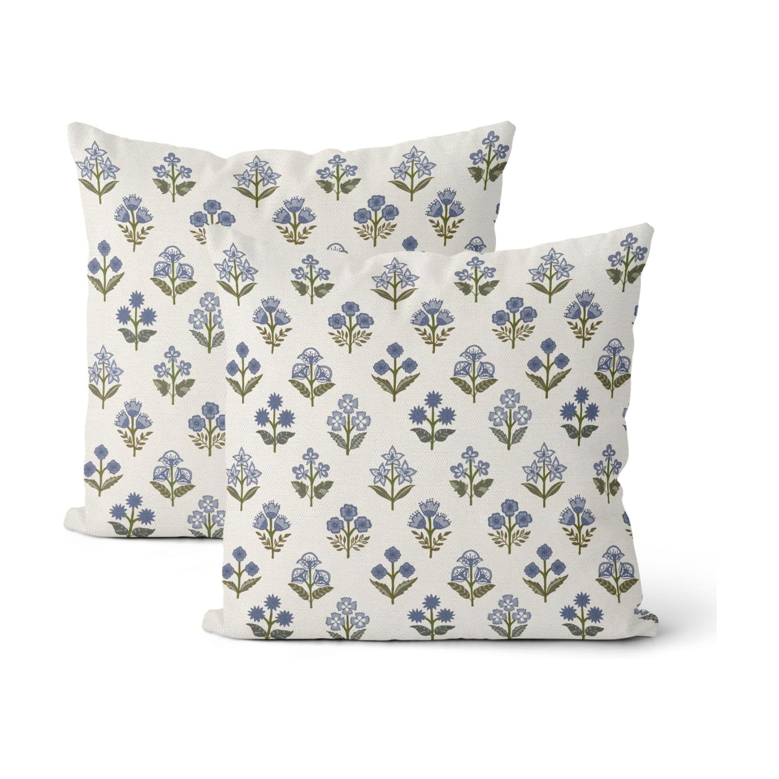 Blue Green Pillow Covers Block Print Vintage / 18 x 18 / Blue Green Block Print Floral / Set of 2
