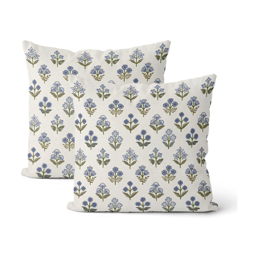 Blue Green Pillow Covers Block Print Vintage / 18 x 18 / Blue Green Block Print Floral / Set of 2