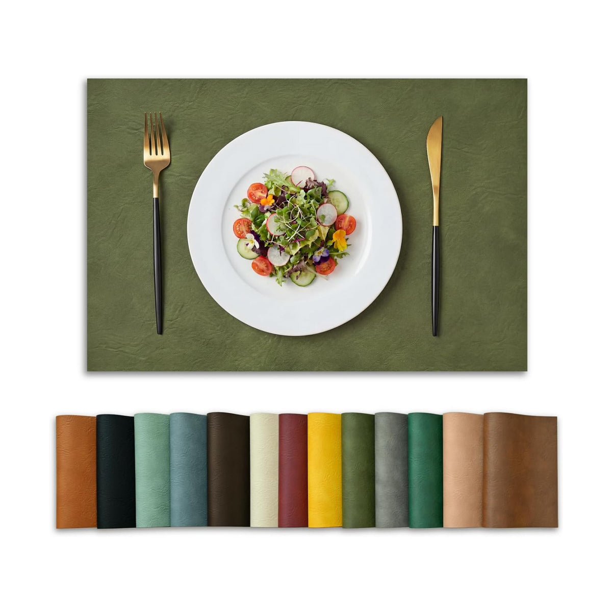 Artoid Mode Olive Green Faux Leather Placemats Set of 12, 12x18 Inch Waterproof Wipeable Heat Resistant Vinyl Place