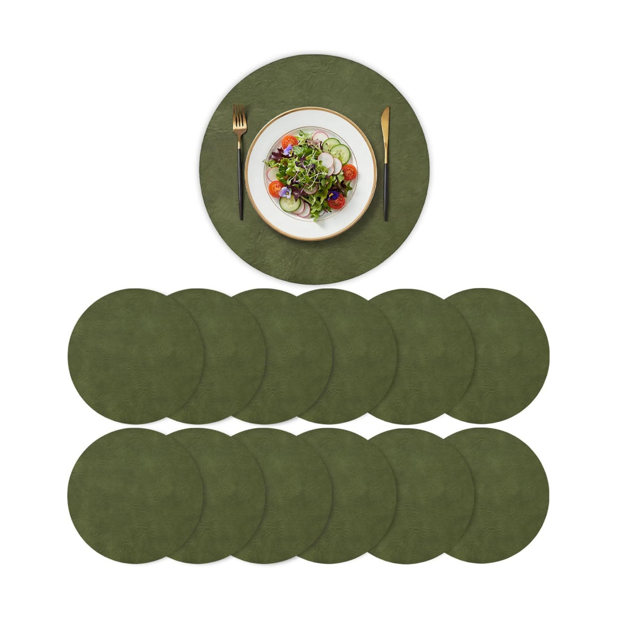 Artoid Mode Olive Green Faux Leather Placemats Set of 12, 15 Inch Waterproof Wipeable Heat Resistant Vinyl Place Mats