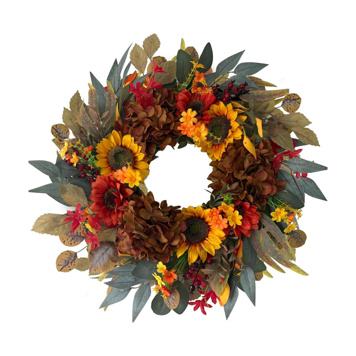 HipTree 24 Inch Fall Sunflower Hydrangea Wreath Autumn Front Door Wreath