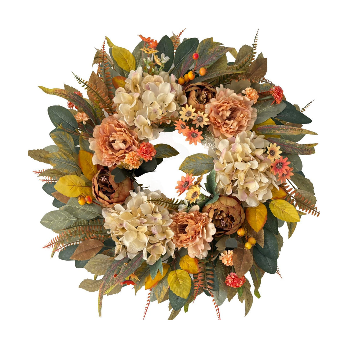 HipTree 24 Inch Fall Hydrangea Peony Wreath for Front Door