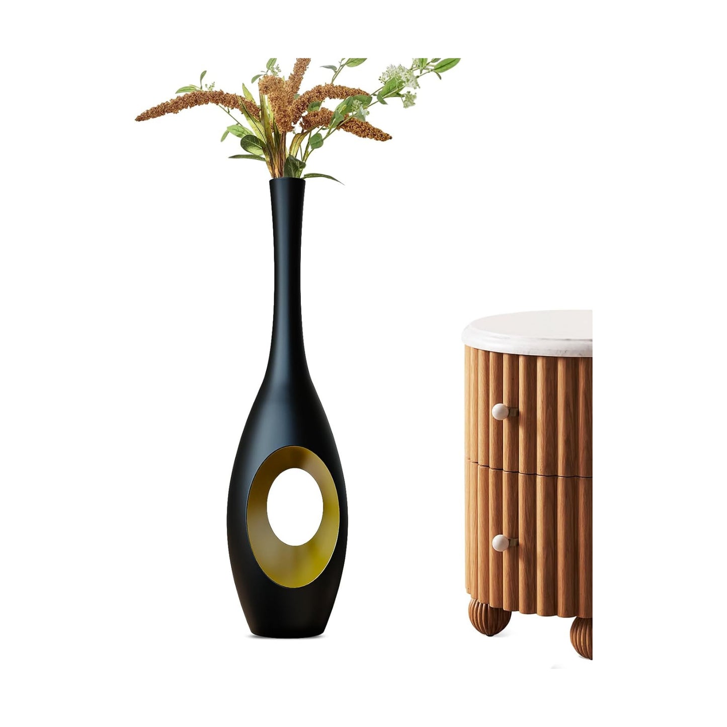 Modern Oval Tall Floor Vase / Black & Gold / 23.6in