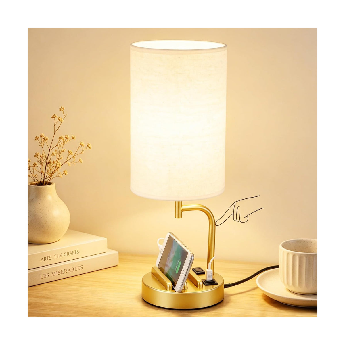 Dreamholder Touch Control USB Table Lamp with USB C/A & AC Outlet, 3-Way Dimmable Bedside Lamp, Modern Nightstand Lamps