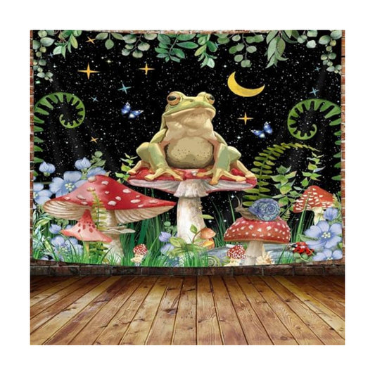 JAWO Boho Frog Mushroom Tapestry, Moon Stars Aesthetic Floral Wall Hanging, Funny Cottagecore Decor for Bedroom, Living Room, Dorm Room Home Decoration, 90X70 Inch