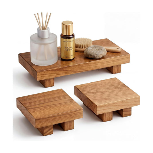 Wooden Risers for Display Paulownia Wood Pedestal Stand Bathroom Kitchen Counter / Brown / Set of 3