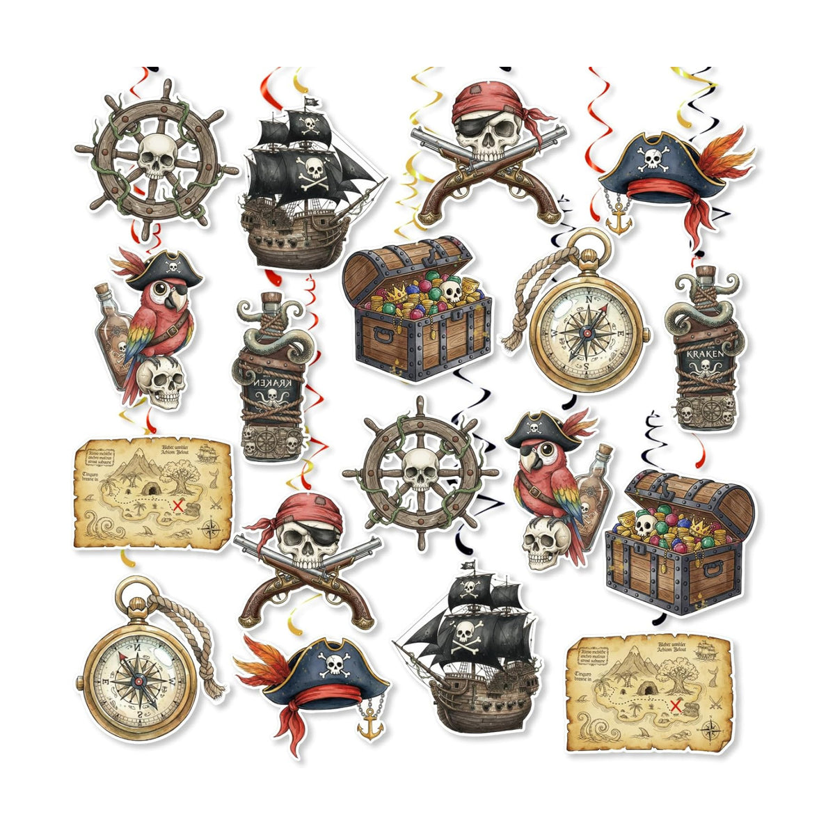 Pirate Hanging Swirls, 36Pcs Pirate Treasure Ceiling Streamers Captain Hat Skull Hanging Decorations for Pirate Themed Party Supplies