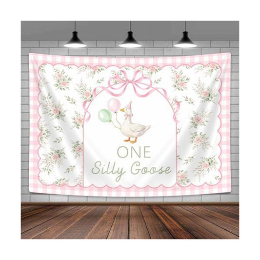 JAWO One Silly Goose Tapestry, 1st Birthday Party Wall Hanging, Pink Floral First Birthday Decoration, Watercolor Decor for Bedroom, Living Room, Dorm Room Home Decoration, 40X30 Inch