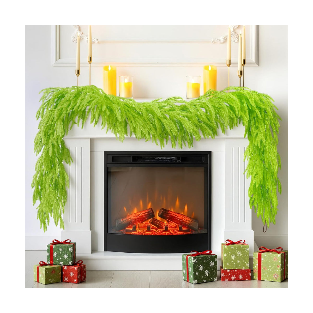 N&T NIETING 9FT Christmas Garland Norfolk Pine Garland Real Touch Artificial Christmas Lime Green Xmas Garland for Mantle,Table Holiday Fireplace Staircase Indoor Outdoor Christmas Decorations