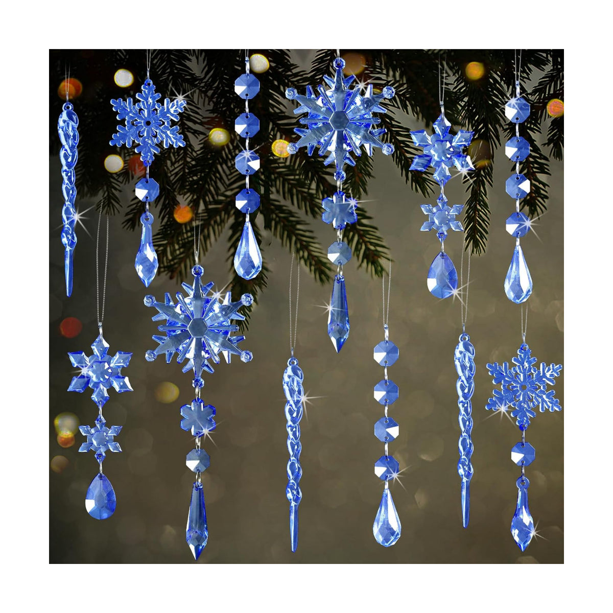 36pcs Crystal Christmas Ornaments for Tree Decorations, Royal Blue Hanging Acrylic Snowflake Icicle Star Ornaments with Drop Pendants for Winter Wonderland Chandelier Crystals Decorations Supplies