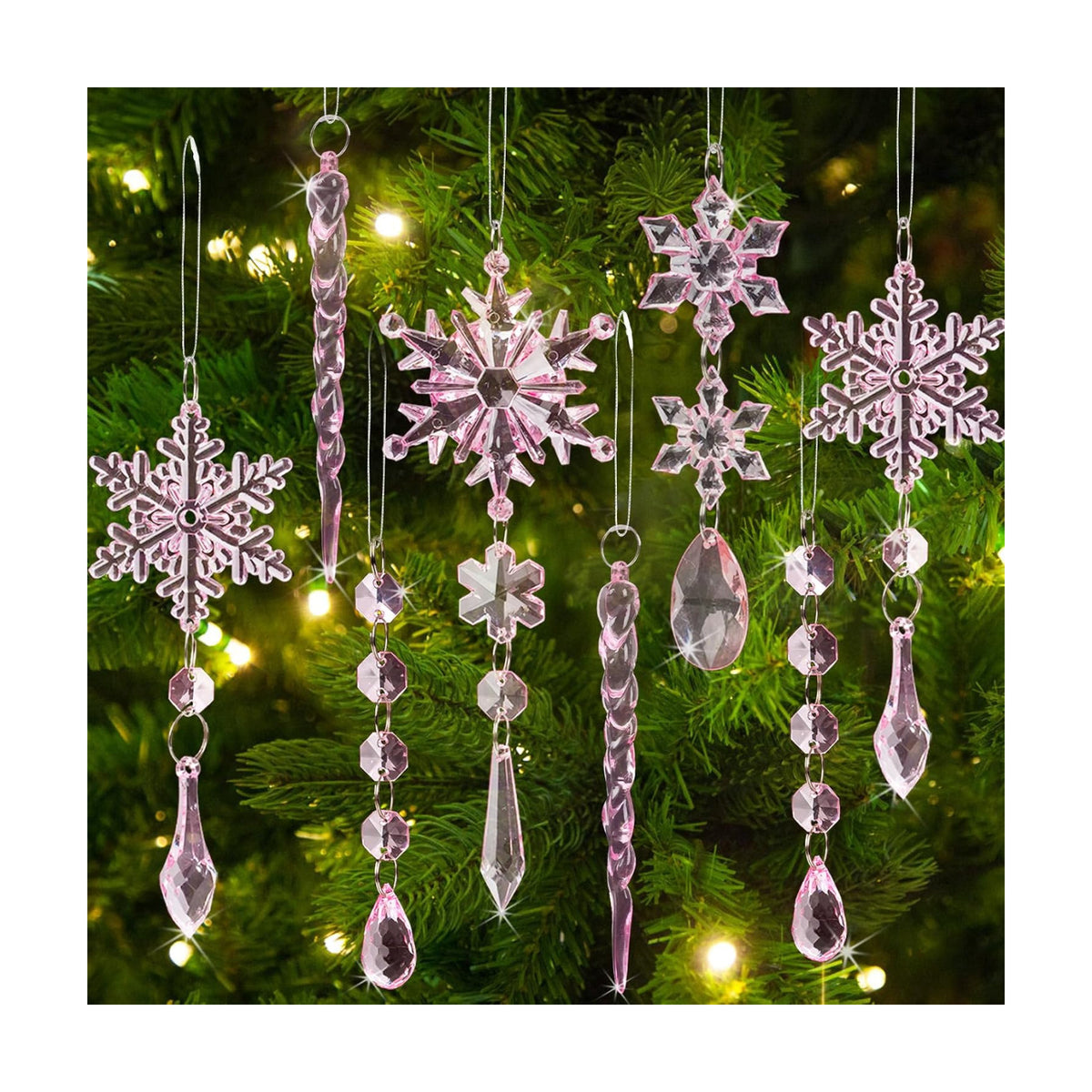36pcs Crystal Christmas Ornaments for Tree Decorations, Pink Hanging Acrylic Snowflake Icicle Star Ornaments with Drop Pendants for Winter Wonderland Chandelier Crystals Decorations Supplies