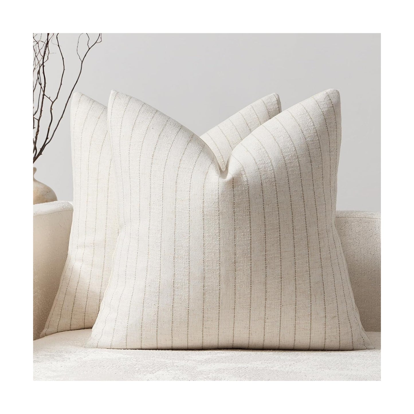 Linen Striped Throw Pillow Covers Neutral Couch Pillow Cases Farmhouse / Beige / 18 x 18 / Set of 2