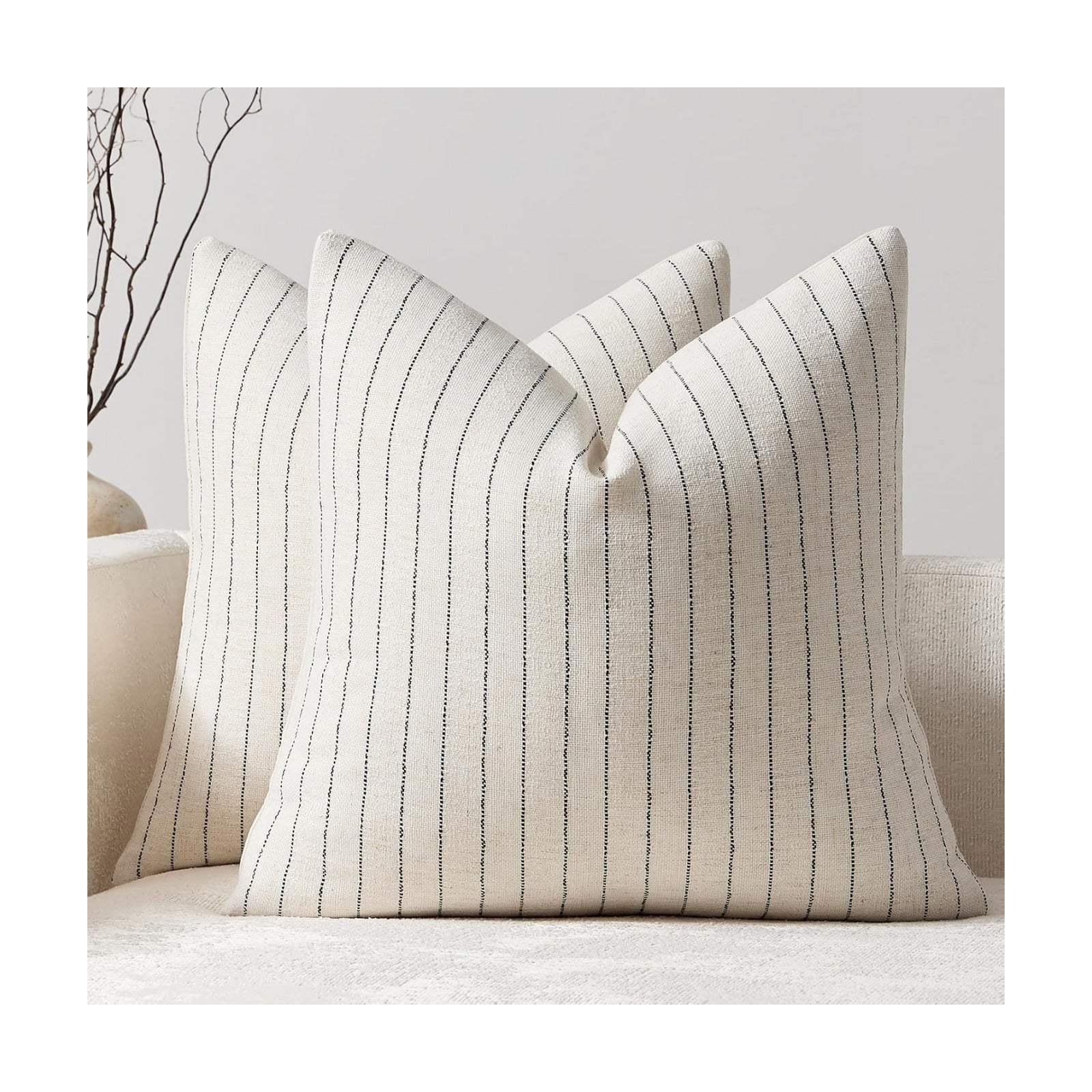 Linen Striped Throw Pillow Covers Neutral Couch Pillow Cases Farmhouse / Black / 18 x 18 / Set of 2