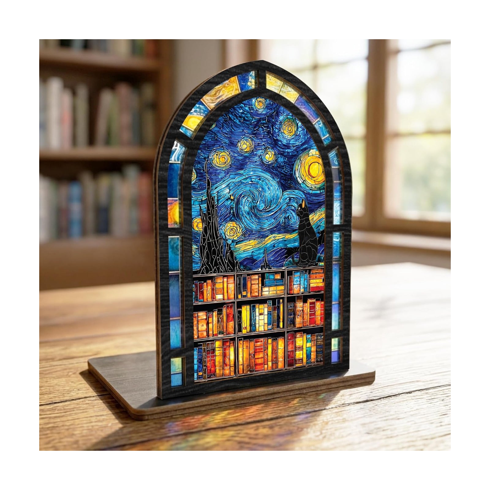 Starry Night Stained Glass Book Nook Candle Holder / Starry Night Cat Suncatcher Candle Holder