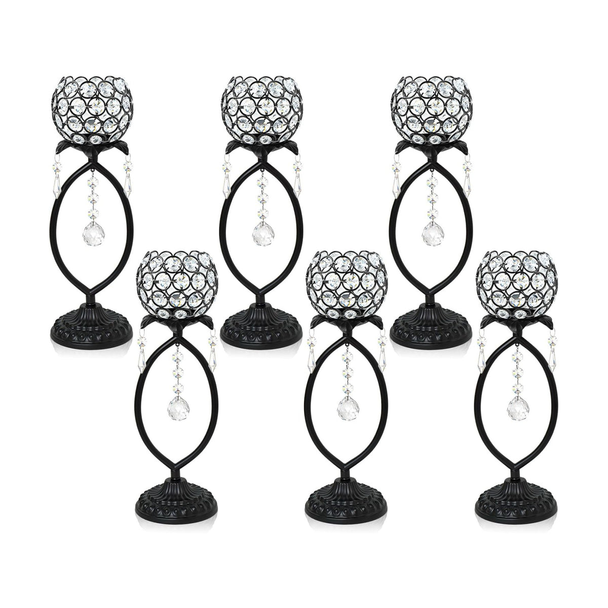 6 Pcs Black Elegant Metal Crystal Tea Light Candle Holders with Crystal Pendants, Hollow Design - Wedding Table