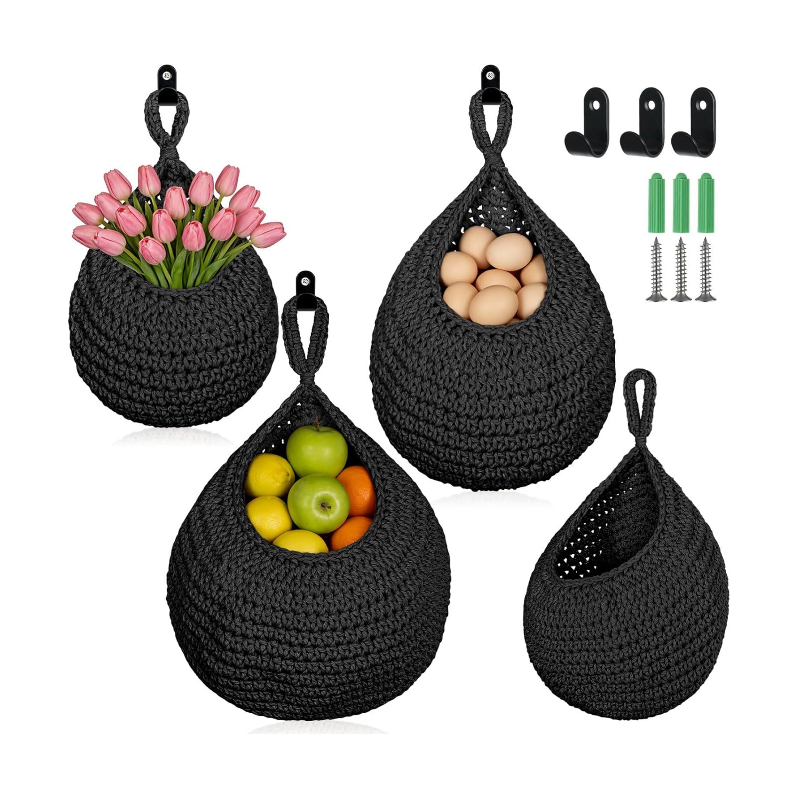 Boho Decor Hanging Fruit Baskets / Black / Cotton Rope-a / Set of 3