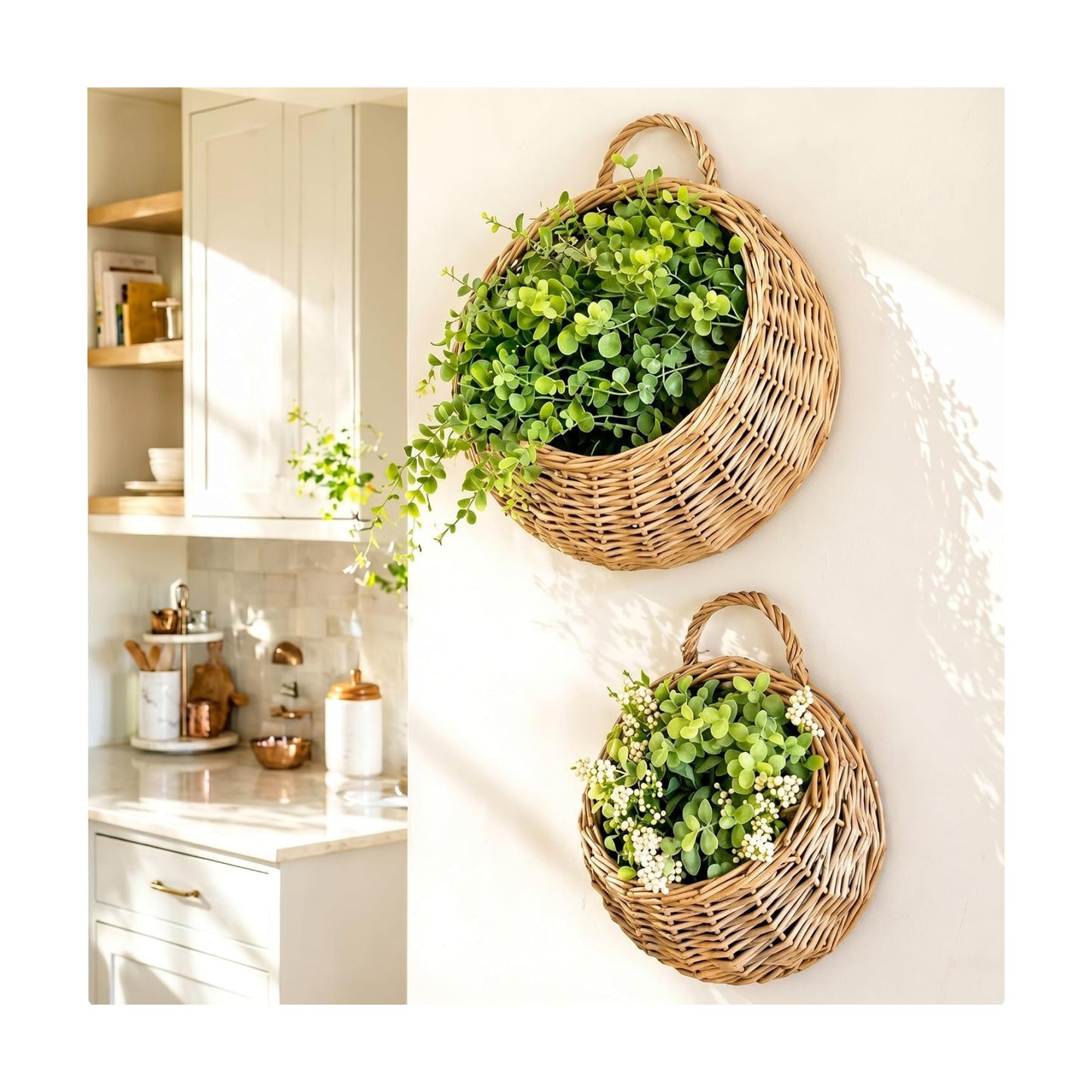 Wicker Hanging Basket 14" and 8" Handmade Woven Wall Hanging Basket for Plant Decorative / Set of 2