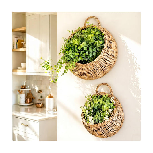 Wicker Hanging Basket 14" and 8" Handmade Woven Wall Hanging Basket for Plant Decorative / Set of 2
