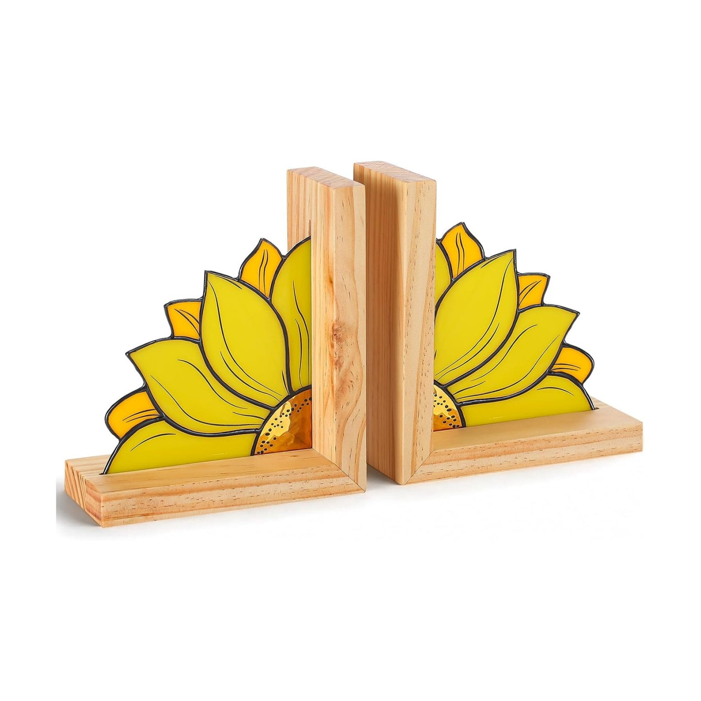 Oak Wood Base Stained Glass Novelty Bookends Organizer Book Ends / Sunflower / Yellow