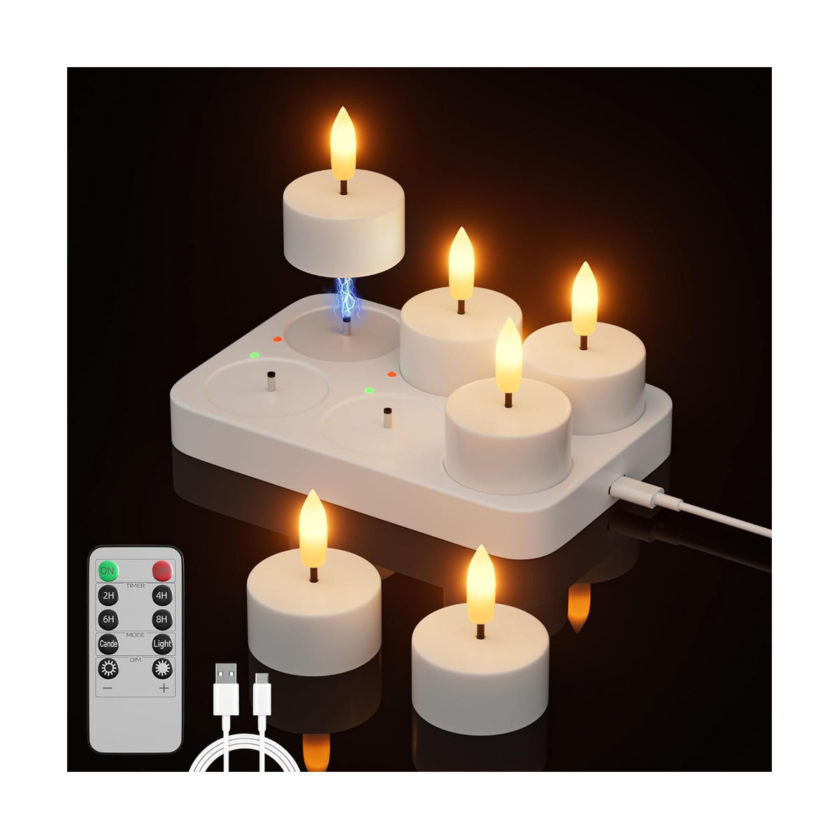 Kimjo Rechargeable Flameless Tea Lights Candles with Remote Timer, 6 Pack | Battery Operated Tealight with Charging