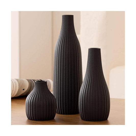 Minimal Line Ceramic Vase / Black / Set of 3