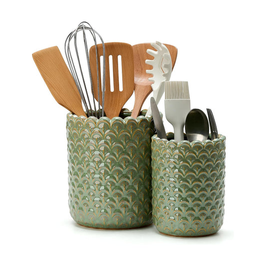 JIEMEI HOME Kitchen Utensil Holder, Large 7.5"+6.2" Petal Ceramic Utensil Crock for Countertop, Utensil Holder with