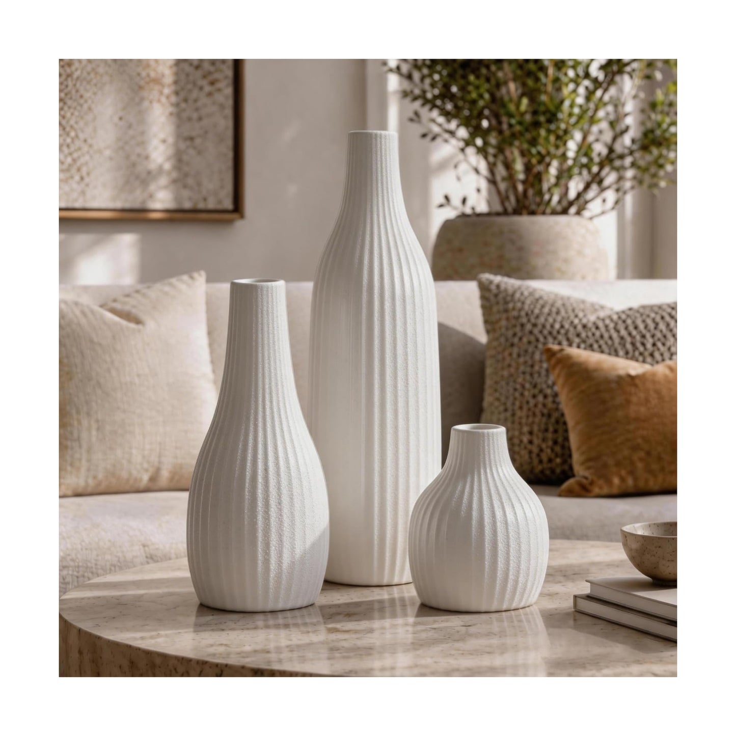 Minimal Line Ceramic Vase / White / Set of 3