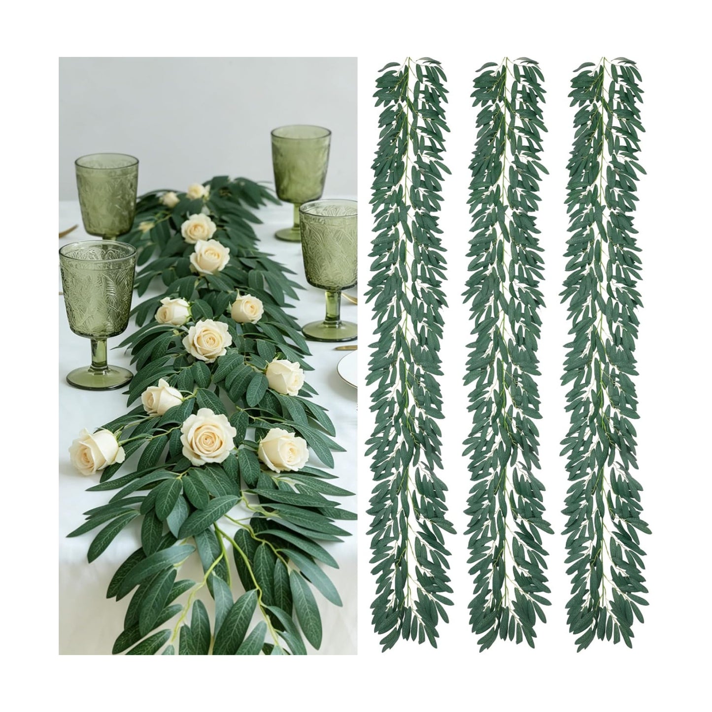 Realistic Silk Fake Hanging Olive Leaves Greenery Garland / Olive Green / 6.5 Inch / Set of 3
