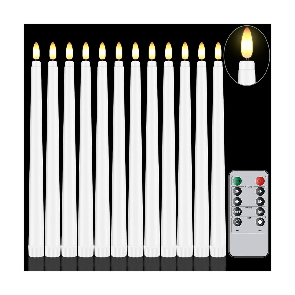 12 Pcs Flameless Taper Candles with Remote Timer, 11" Long Battery Operated Taper Candles, Flickering 3D Flame, Plastic