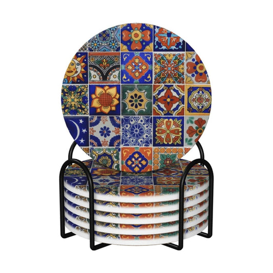 Vintage Mexican Talavera Tiles Coaster Set / Boho Mexican Tile / Round / Set of 6