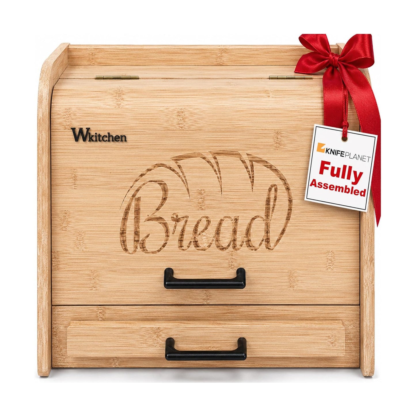 KNIFEPLANET Premium FULLY ASSEMBLED Bamboo Bread Box – Extra Large Real Wood Bread Box for Kitchen Countertop Storage