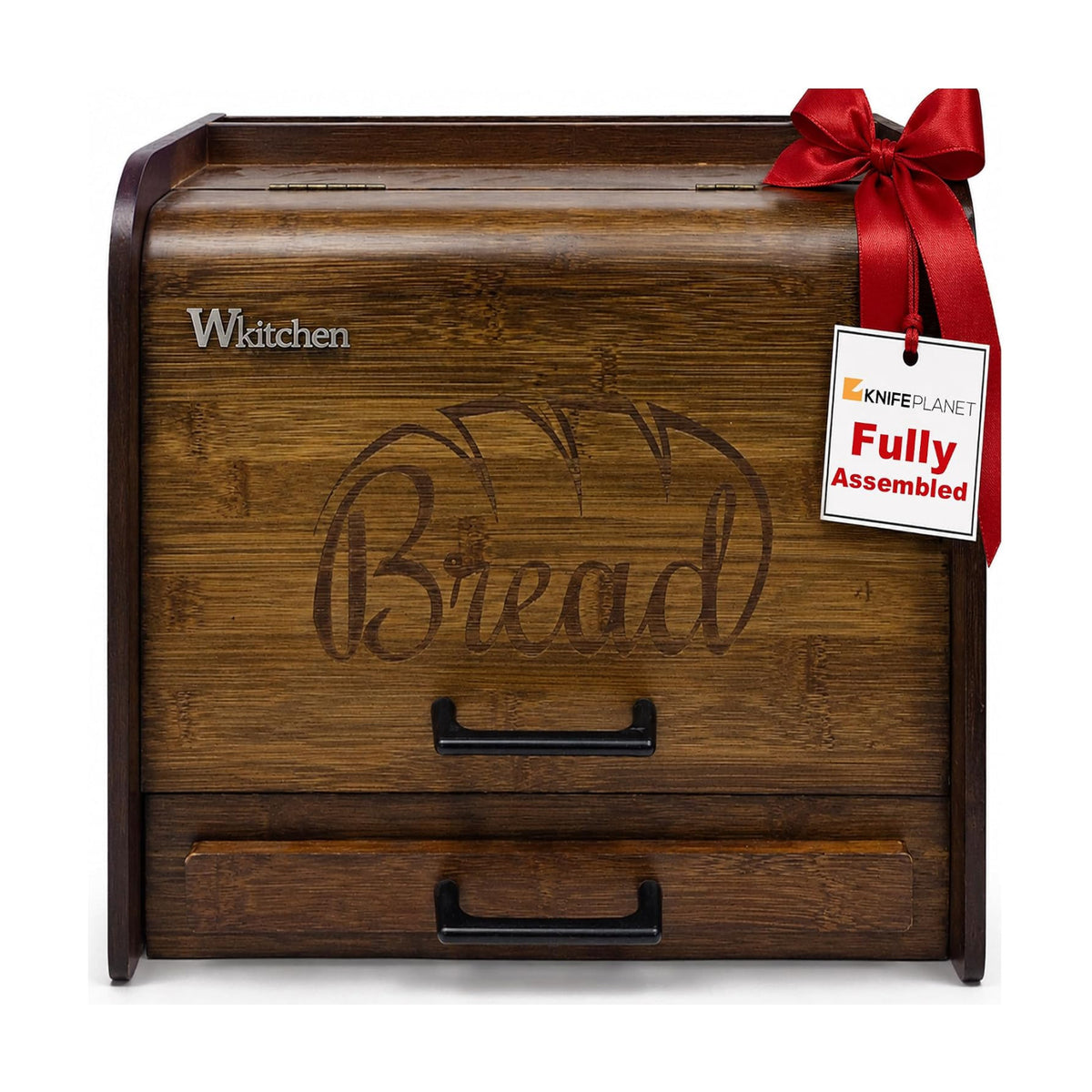 KNIFEPLANET Premium FULLY ASSEMBLED Rustic Bread Box – Extra Large Real Wood Bread Box for Kitchen Countertop Storage