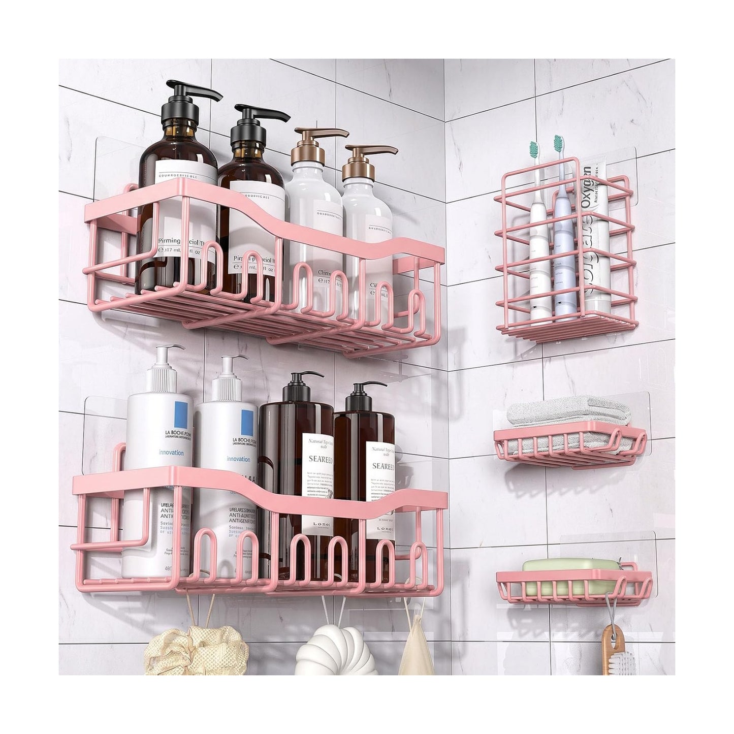 EUDELE 5-Pack Rustproof Stainless Steel Shower Caddy – No Drill Adhesive Bathroom Organizer with Large Capacity