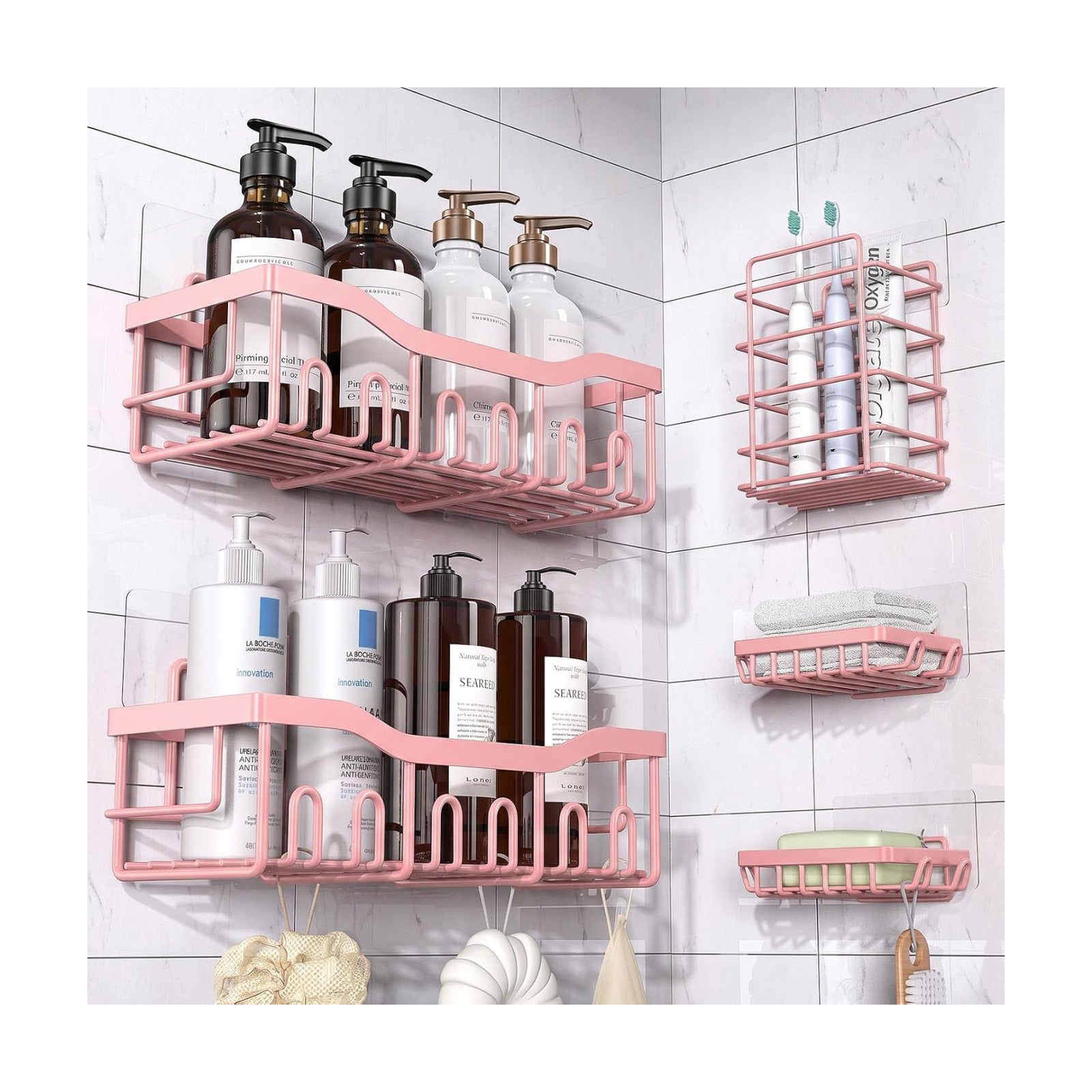 EUDELE 5-Pack Rustproof Stainless Steel Shower Caddy – No Drill Adhesive Bathroom Organizer with Large Capacity