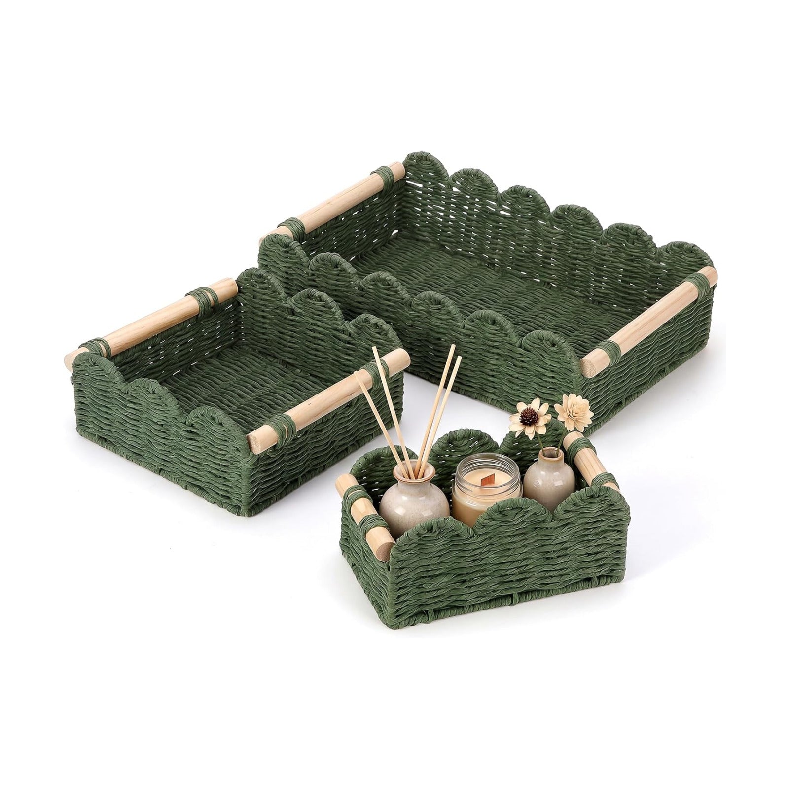 Wicker Baskets / Scalloped Edge Toilet Paper Basket / Sage Green / Set of 3
