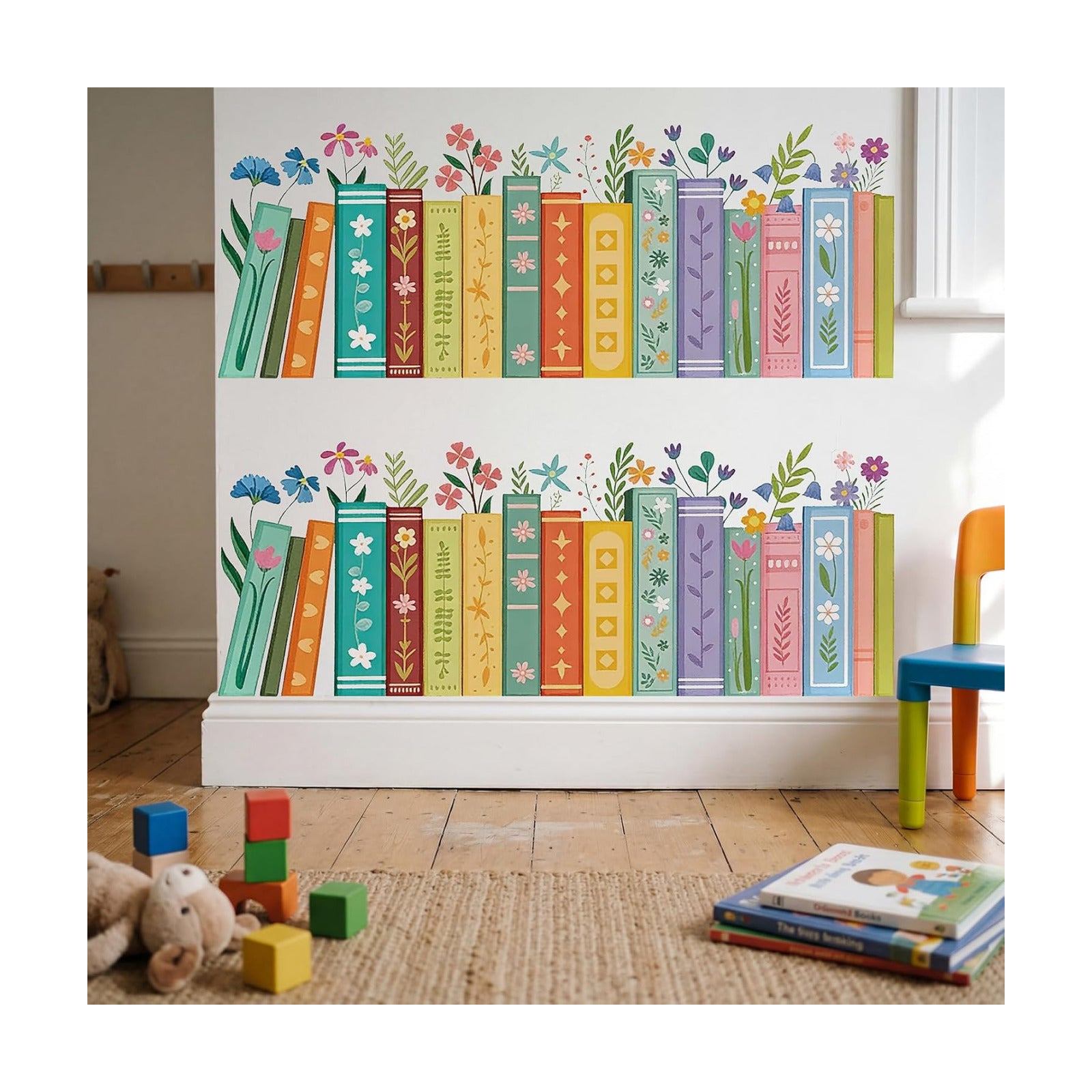 2 Sheet Spring Bookshelf Wall Decals Wildflower Books Reading Corner Stickers / Flower Bookshelf