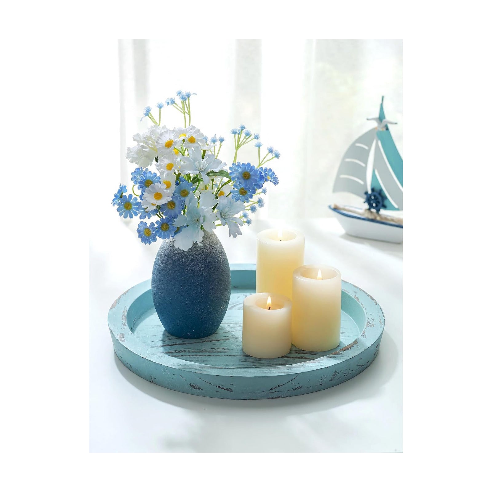 Round Wood Decorative Candle Plate / Ocean Blue