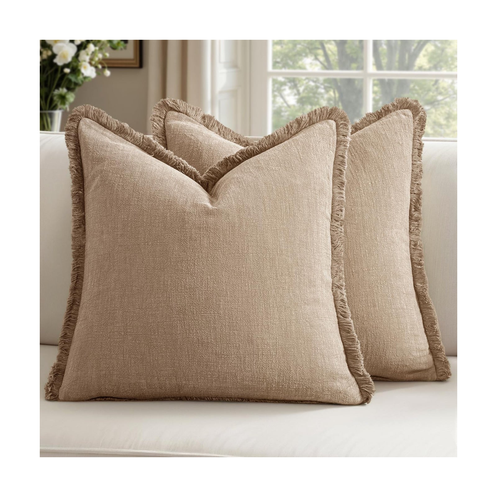 Decorative Linen Fringe Throw Pillow Covers Boho Accent Farmhouse / 20 x 20 / Camel / Set of 2