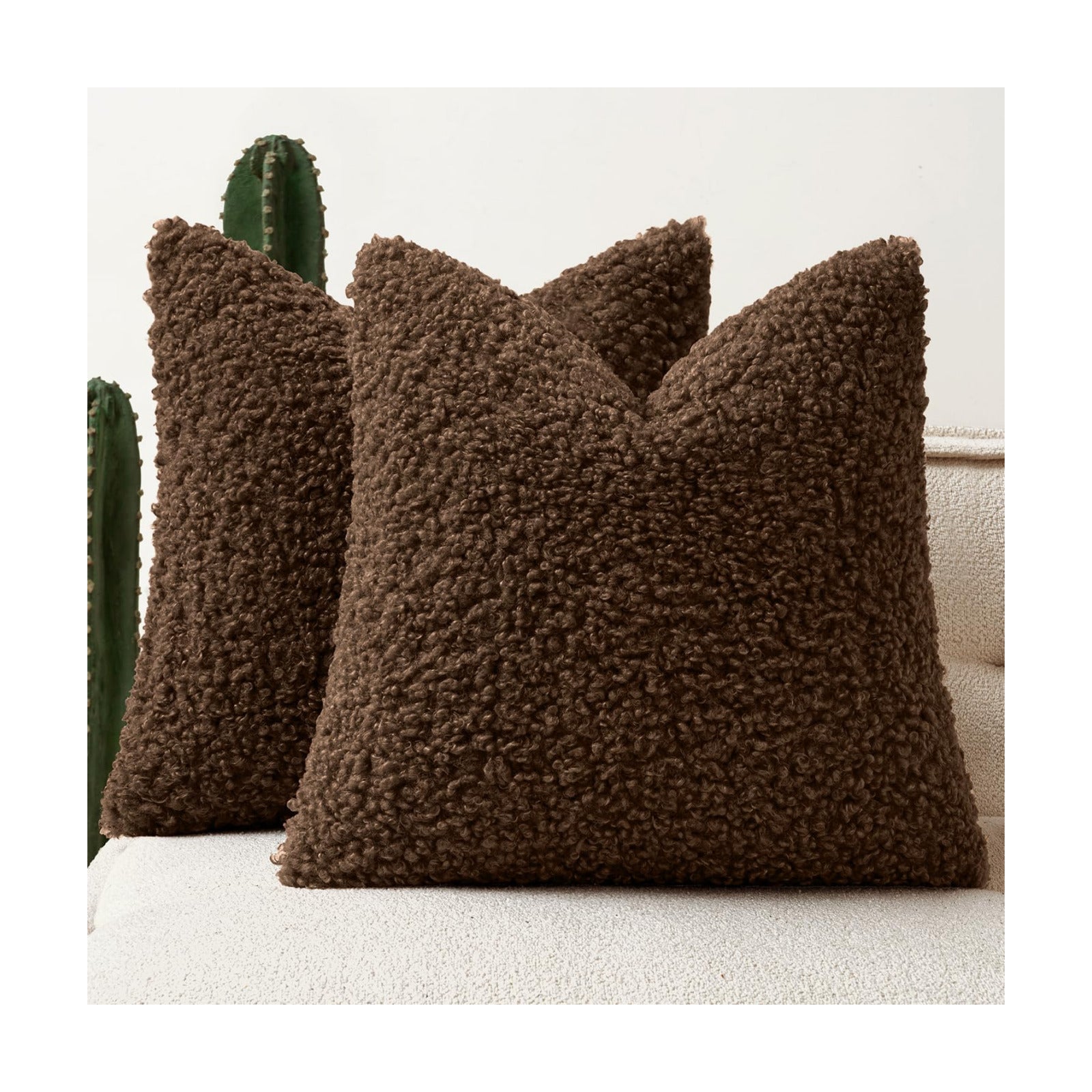 Faux Fur Throw Pillow Covers Boucle Neutral Decorative Sherpa Fuzzy / 18 x 18 / Chestnut / Set of 2