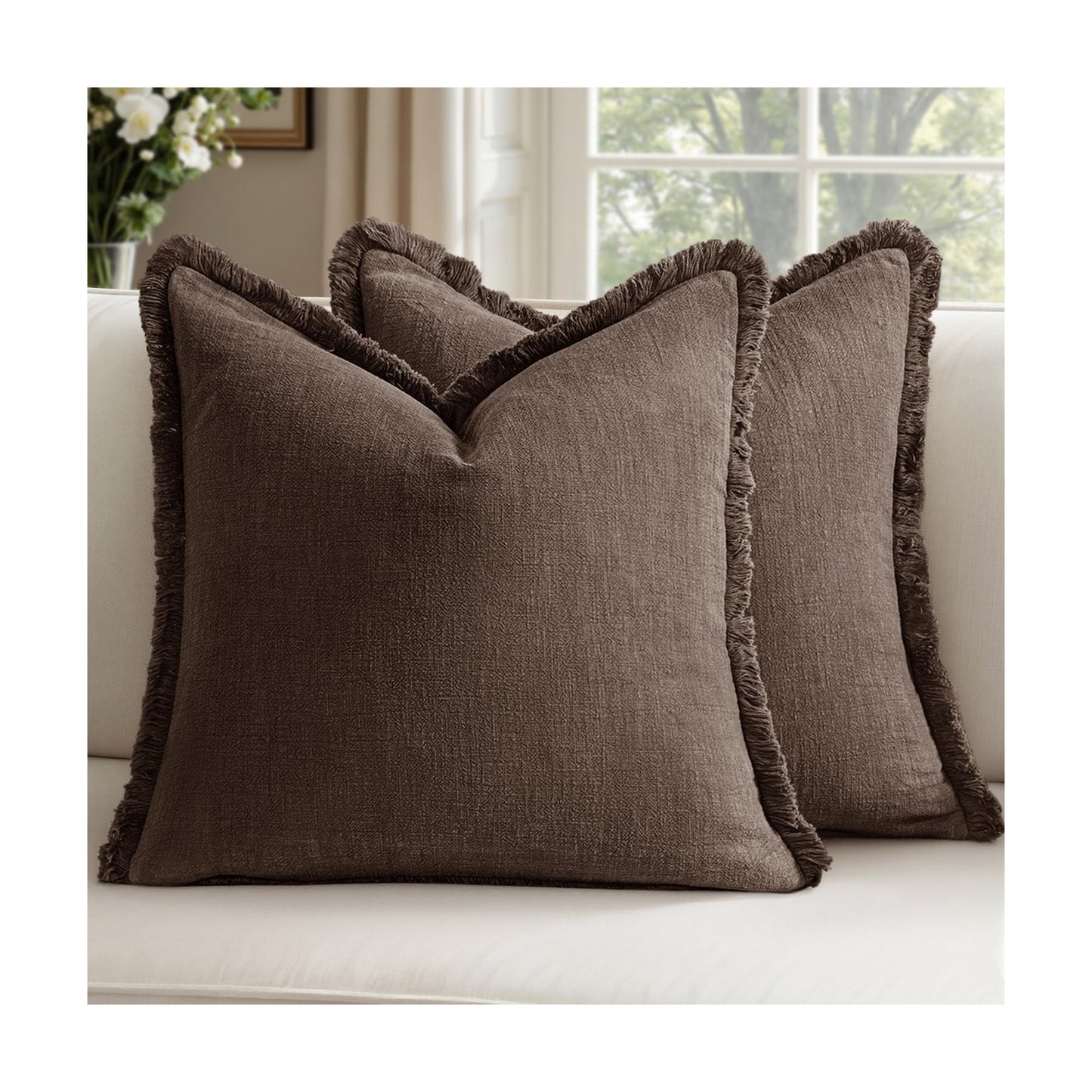 Decorative Linen Fringe Throw Pillow Covers Boho Accent / 20 x 20 / Reddish Brown / Set of 2