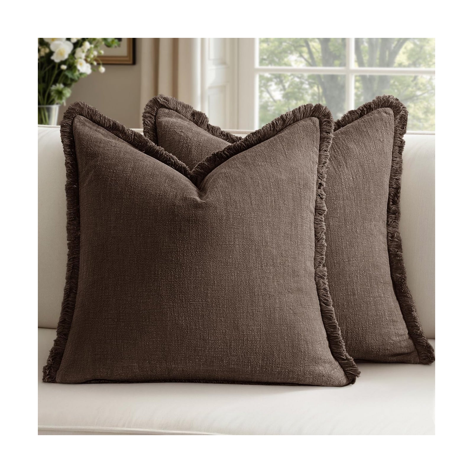 Decorative Linen Fringe Throw Pillow Covers Boho Accent / 20 x 20 / Reddish Brown / Set of 2