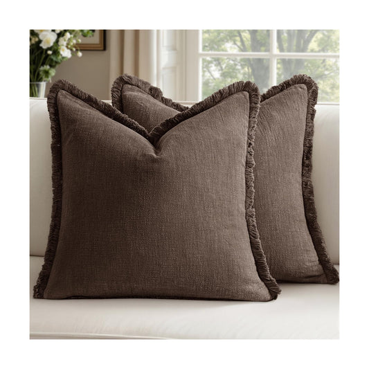 Decorative Linen Fringe Throw Pillow Covers Boho Accent / 20 x 20 / Reddish Brown / Set of 2