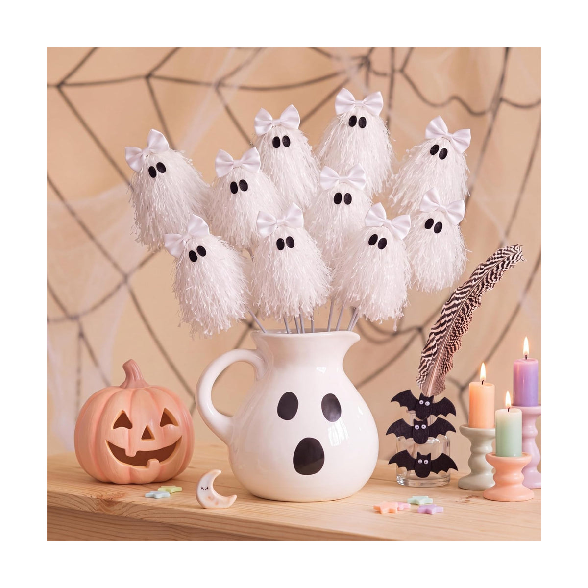 Suncalla 12 Pcs Halloween White Ghost Stem 12 Inch Cute Glitter Ghost Picks