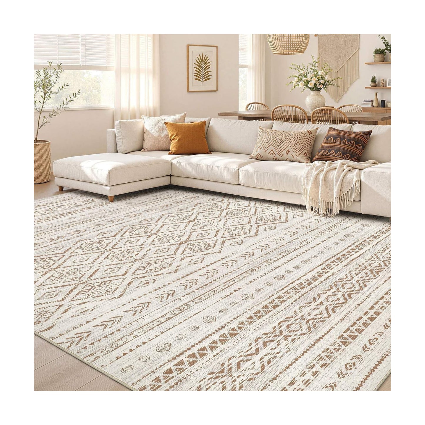 Nakagishi Area Rug Living Room Rugs: 6x9 Large Soft Machine Washable Boho Moroccan FarmNeutral Stain Resistant Indoor
